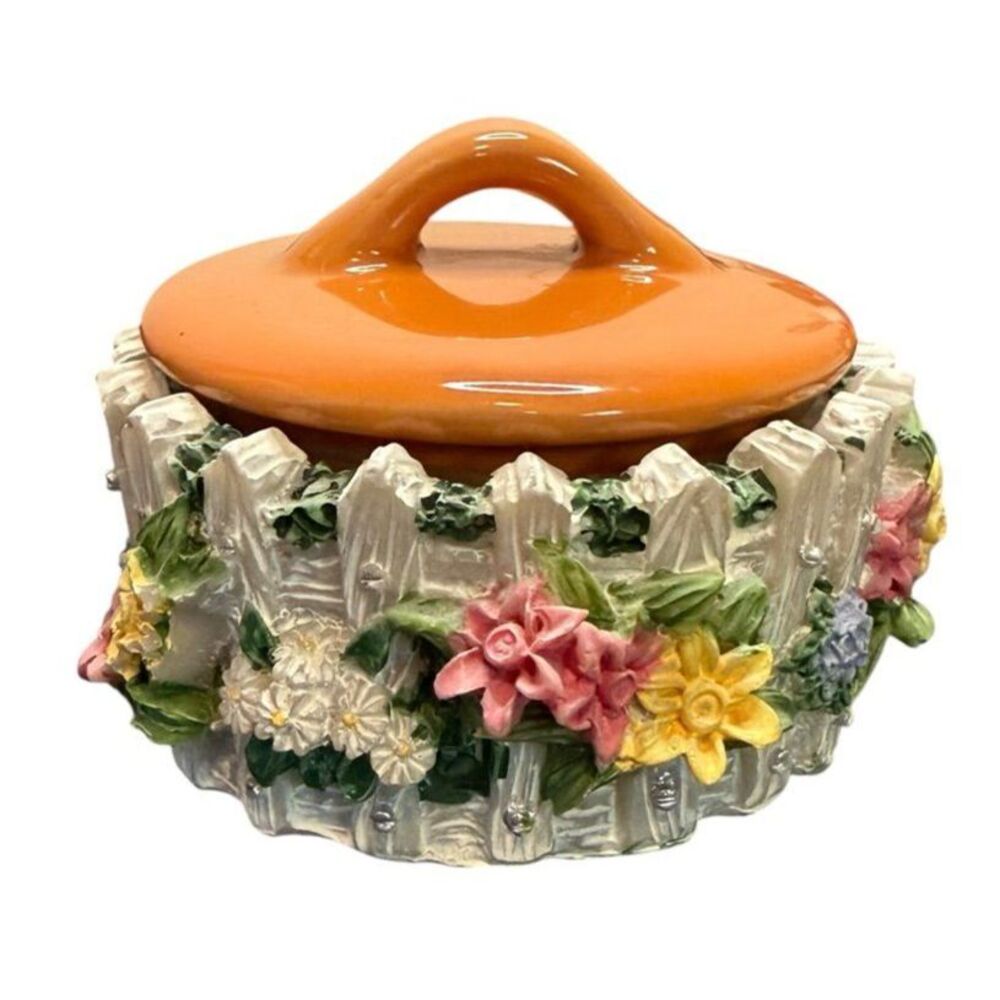 Cute Ceramic Floral Picket Fence Trinket Box with Lid